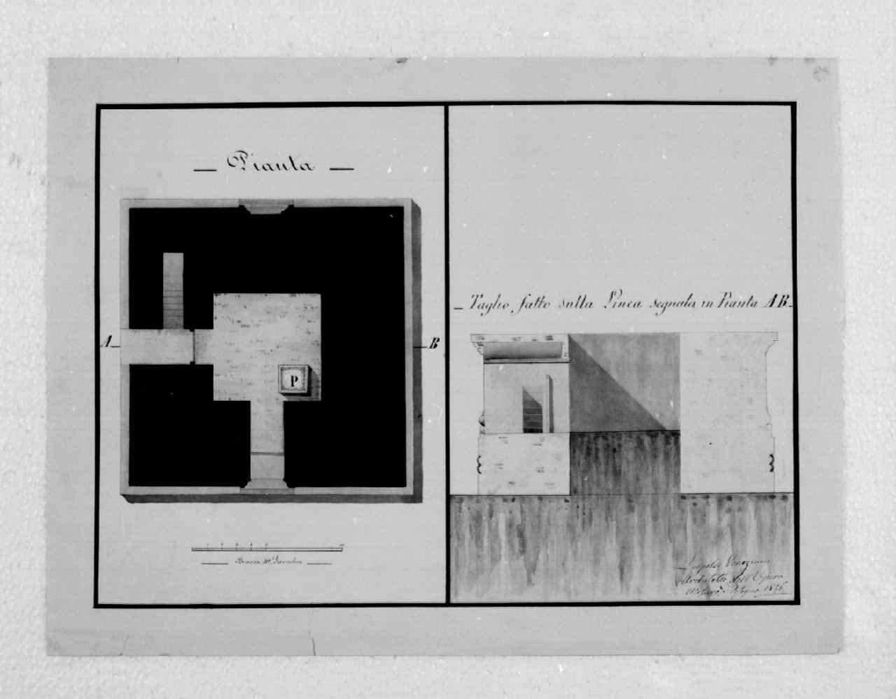 pianta e sezione del basamento del campanile della chiesa di S. Croce a Firenze (disegno architettonico) di Veneziani Leopoldo (sec. XIX)