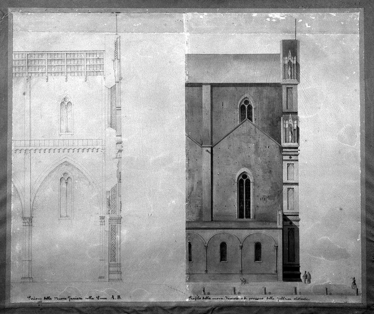 facciata della chiesa di S. Croce a Firenze (disegno architettonico, serie) di Matas NiccolÃ² (sec. XIX)