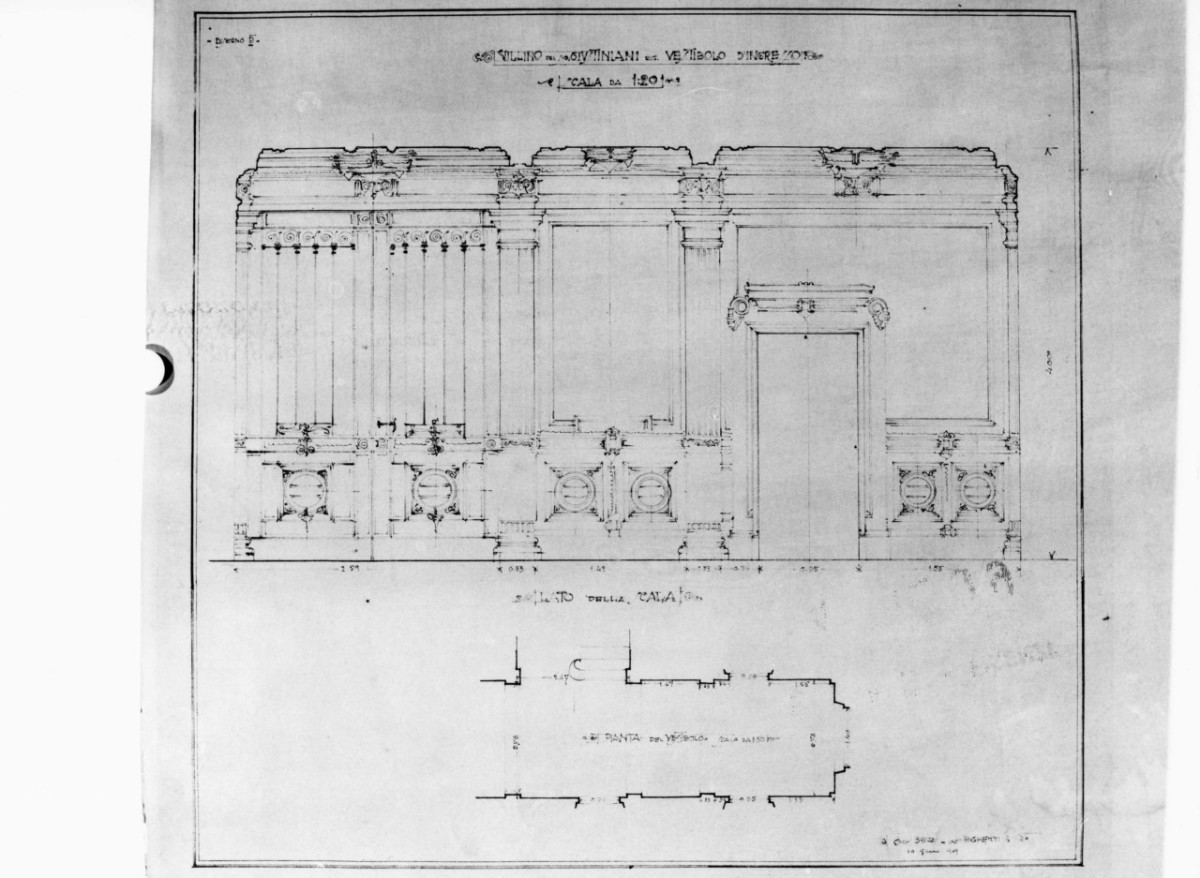 villino Giustiniani: sezione quotata del vestibolo d'ingresso in scala 1:20, e pianta quotata in scala 1:50 (stampa) di Brizzi Raffaello (e aiuti) (sec. XX)
