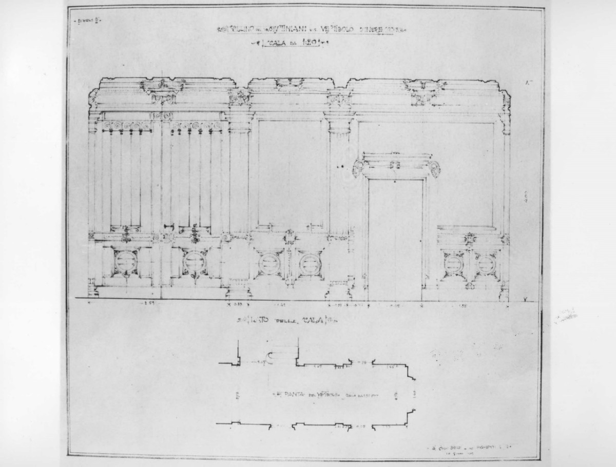 villino Giustiniani: sezione quotata del vestibolo d'ingresso in scala 1:20, e pianta quotata in scala 1:50 (stampa) di Brizzi Raffaello (e aiuti) (sec. XX)