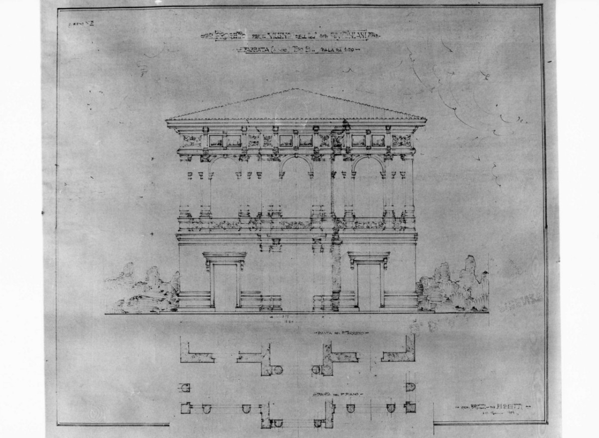 villino Giustiniani: prospetto e pianta quotati della facciata posteriore in scala 1:50 (stampa) di Brizzi Raffaello (e aiuti) (sec. XX)