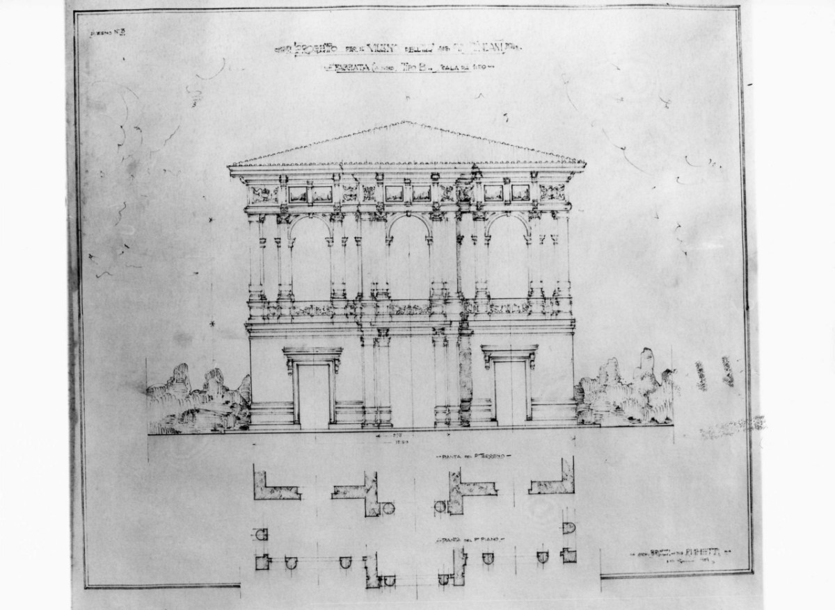 villino Giustiniani: prospetto e piante quotati della facciata posteriore in scala 1:50 (stampa) di Brizzi Raffaello (e aiuti) (sec. XX)