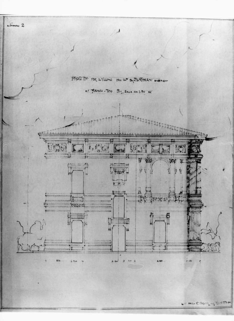 villino Giustiniani: prospetto quotato della facciata laterale in scala 1:50 (stampa) di Brizzi Raffaello (e aiuti) (sec. XX)
