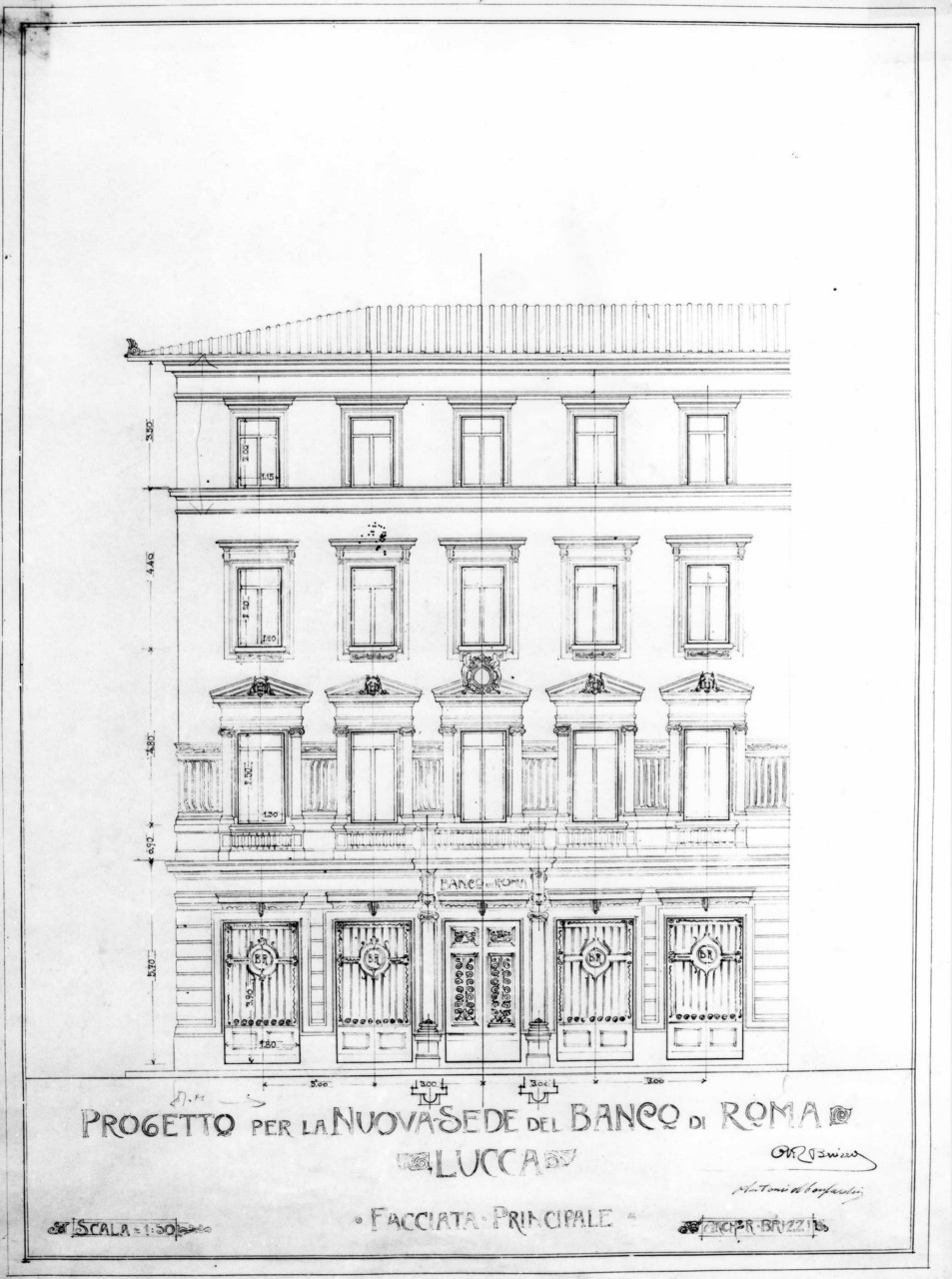 sede del Banco di Roma a Lucca: dettaglio in scala 1:10 della facciata d'ingresso (stampa) di Brizzi Raffaello (e aiuti) (sec. XX)