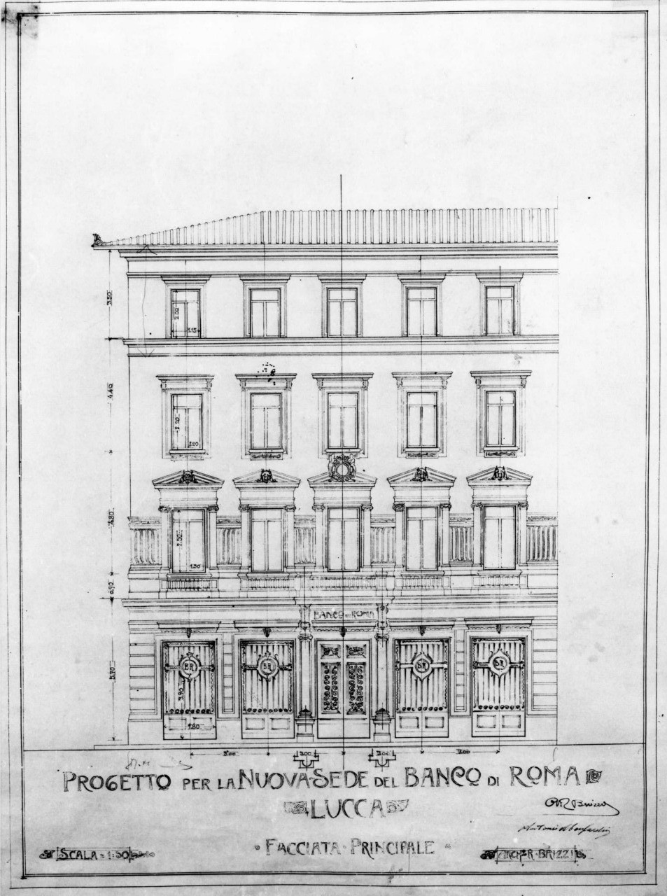 sede del Banco di Roma a Lucca: prospetto in scala 1:50 della facciata d'ingresso (stampa) di Brizzi Raffaello (e aiuti) (sec. XX)