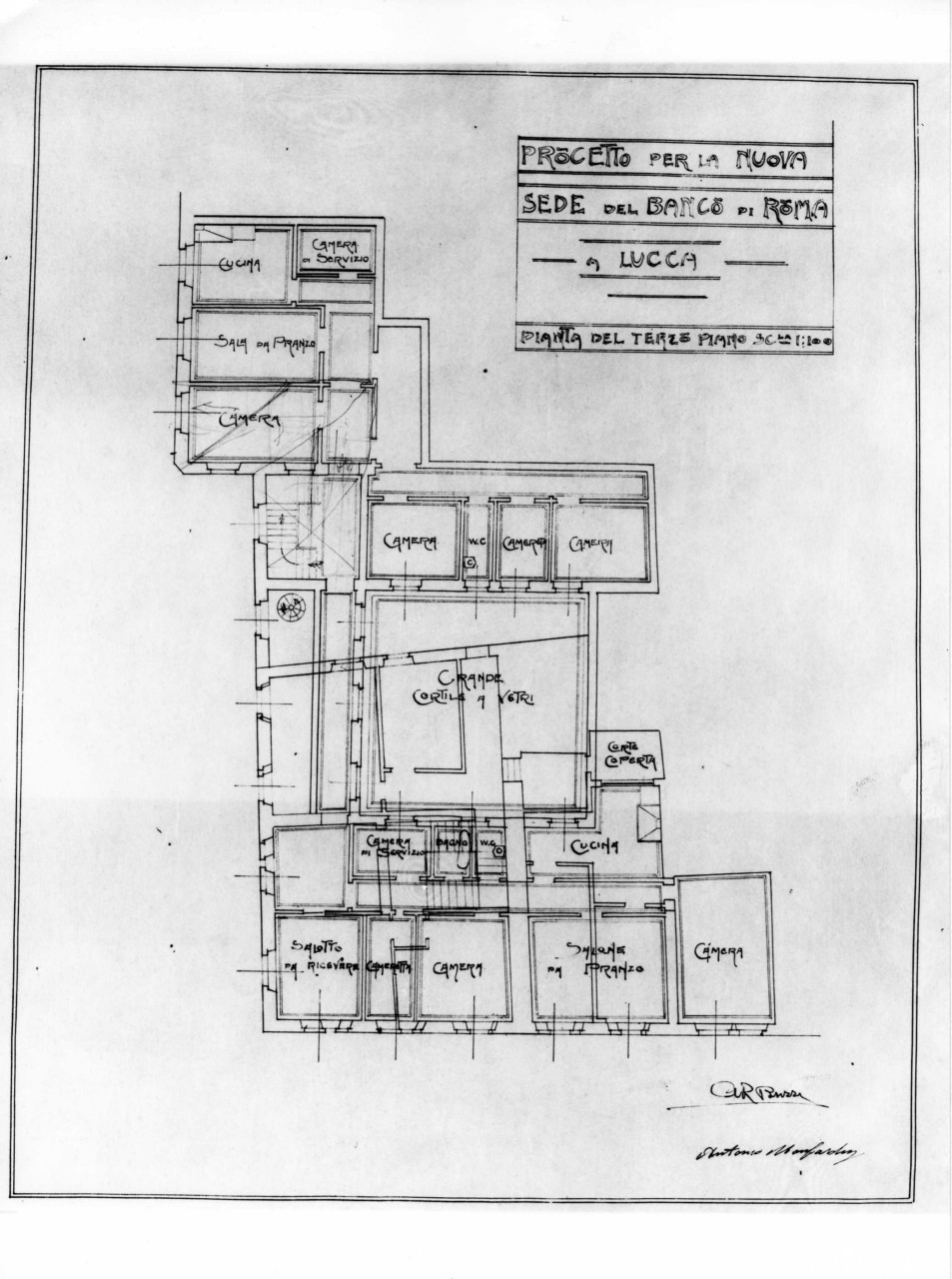 sede del Banco di Roma a Lucca: pianta in scala 1:100 dello stato sovrapposto del terzo piano, con indicazione delle destinaizoni d'uso (stampa) di Brizzi Raffaello (e aiuti) (sec. XX)