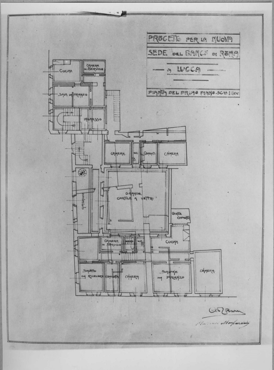 sede del Banco di Roma a Lucca: pianta in scala 1:100 dello stato sovrapposto del primo piano, con indicazione delle destinazioni d'uso (stampa) di Brizzi Raffaello (e aiuti) (sec. XX)