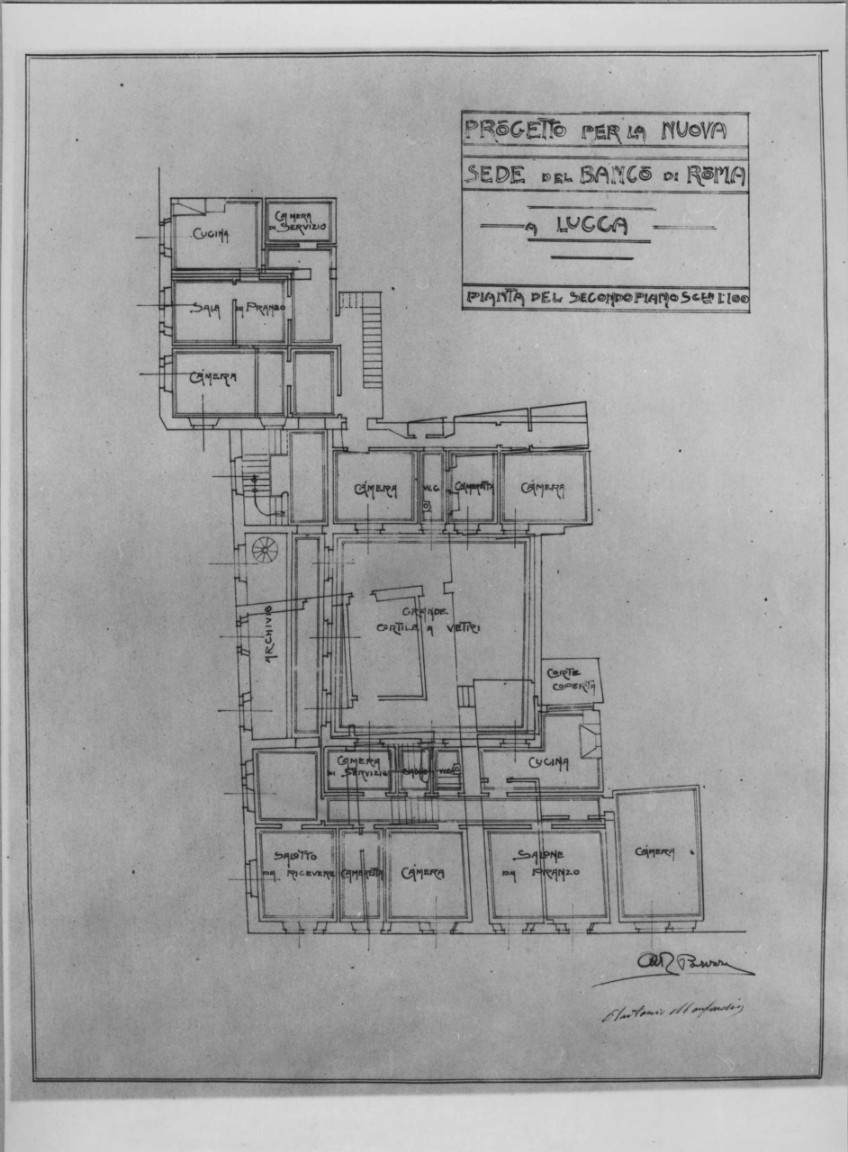sede del Banco di Roma a Lucca: pianta in scala 1:100 dello stato sovrapposto del secondo piano, con indicazione delle destinazioni d'uso (stampa) di Brizzi Raffaello (e aiuti) (sec. XX)