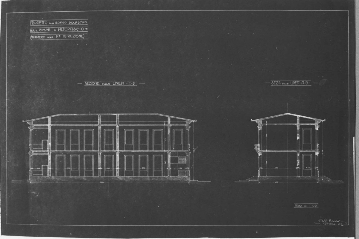 scuole comunali di Altopascio: sezioni longitudinale e trasversale in scala 1:100 (stampa) di Brizzi Raffaello (e aiuti) (sec. XX)