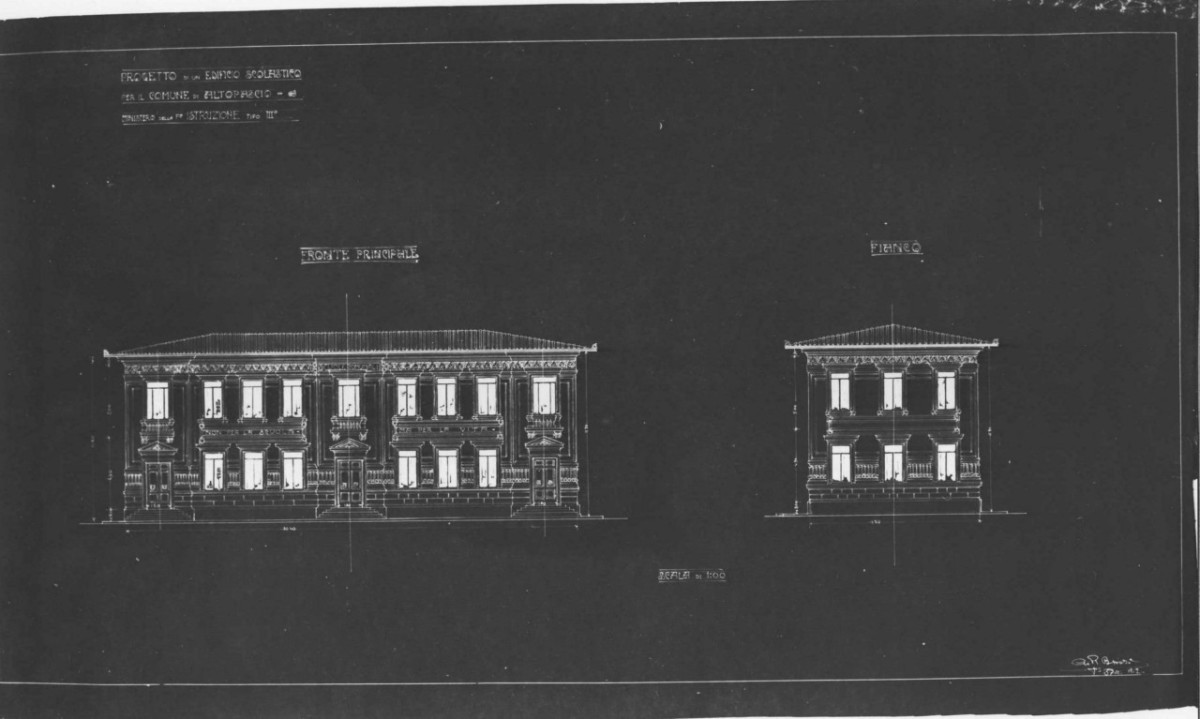 scuole comunali di Altopascio: prospetti in scala 1:100 delle facciate d'ingresso e laterale (stampa) di Brizzi Raffaello (e aiuti) (sec. XX)