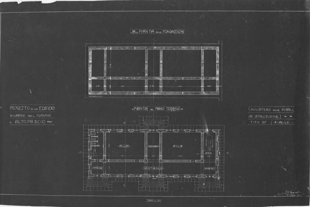 scuole comunali di Altopascio: pianta in scala 1:100 delle fondazioni e de piano terreno, con indicazione delle destinazioni d'uso (stampa) di Brizzi Raffaello (e aiuti) (sec. XX)