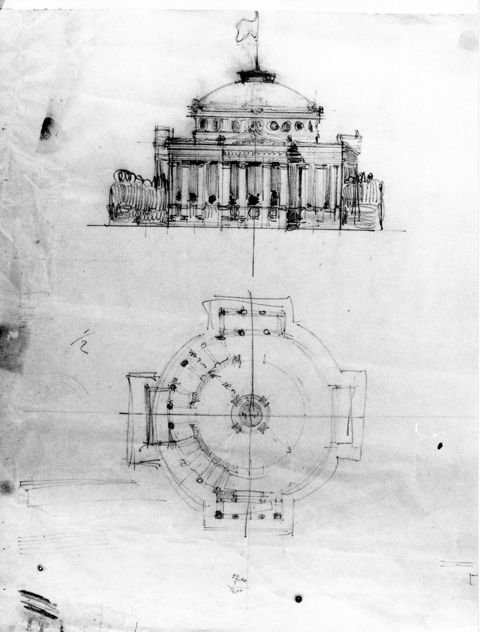 stabilimento termale Regina a Montecatini Terme, pianta e prospetto (disegno architettonico) di Brizzi Raffaello (sec. XX)