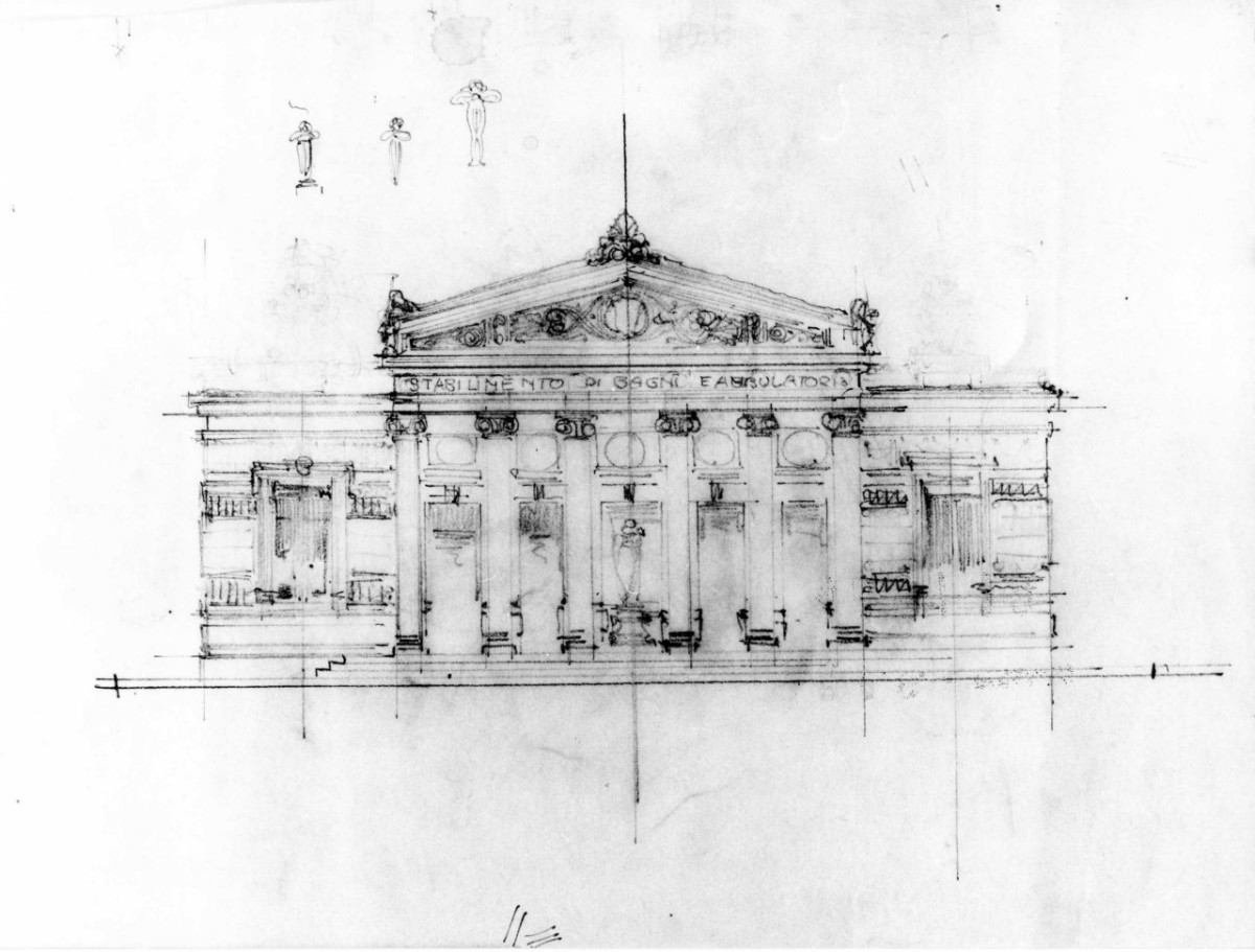 stabilimento termale Regina a Montecatini Terme: prospetto del corpo d'ingresso (disegno architettonico) di Brizzi Raffaello (sec. XX)