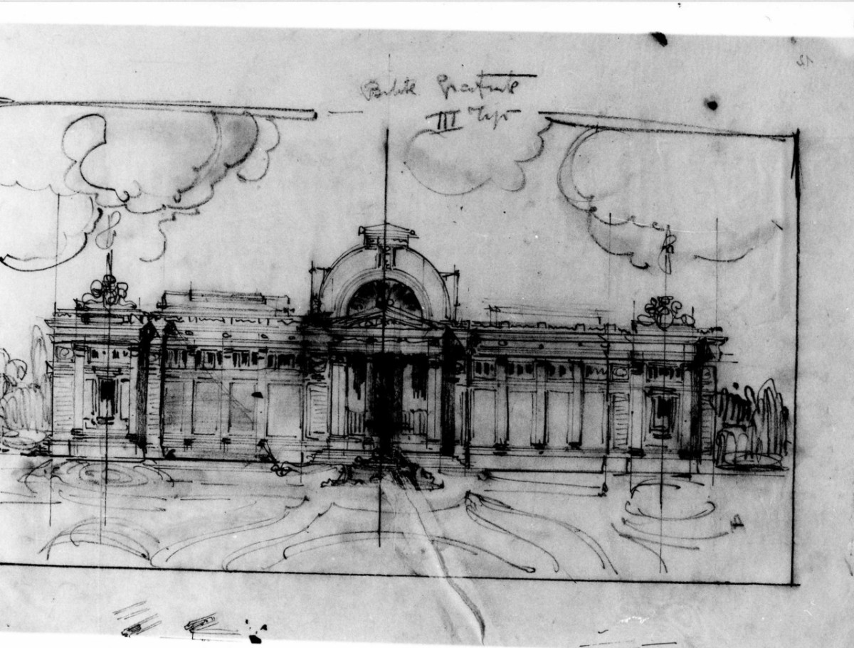 Bibite Gratuite III tipo, stabilimento termale Regina a Montecatini Terme: prospetto della facciata d'ingresso (disegno architettonico) di Brizzi Raffaello (sec. XX)