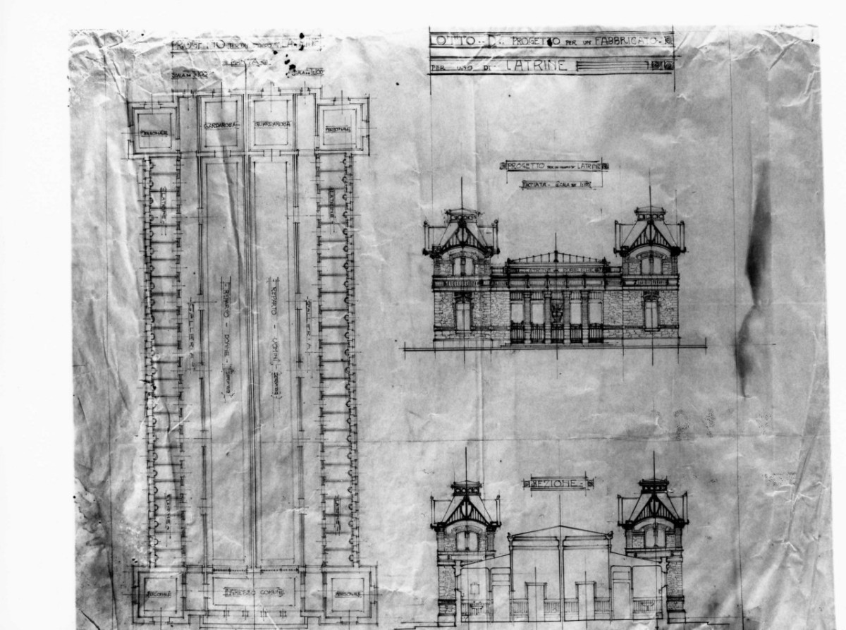 Progetto per un fabbricato per uso di latrine, edificio per un gruppo di servizi igenici pubblici a Montecatini Terme: pianta e prospetto d'ingresso e sezione trasversale in scala 1:100 (disegno architettonico) di Brizzi Raffaello (sec. XX)