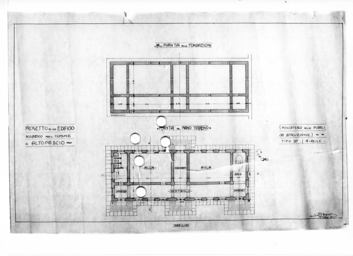 scuole comunali di Altopascio: pinata in scala 1:100 delle fondazioni e del piano terreno, con indicazione delle destinazioni d'uso (disegno architettonico) di Brizzi Raffaello (e aiuti) (sec. XX)