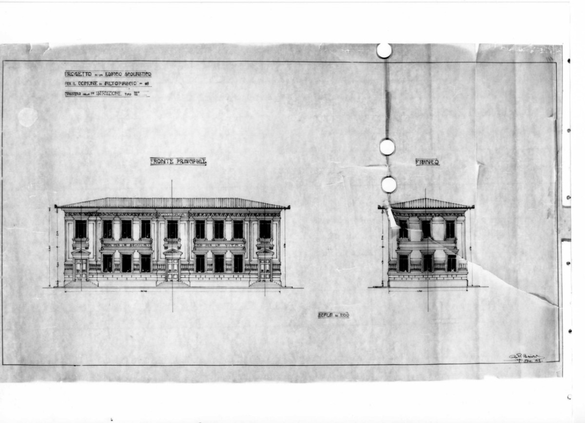 scuole comunali di Altopascio: prospetti in scala 1:100 delle facciate d'ingresso e laterale (disegno architettonico) di Brizzi Raffaello (e aiuti) (sec. XX)