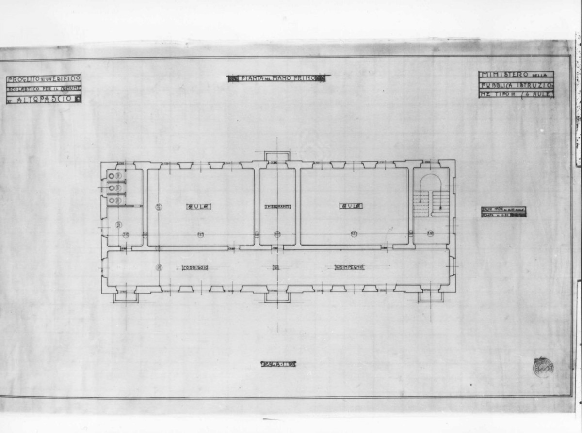 scuole comunali di Altopascio: pianta in scala del primo piano, con indicazione delle funzioni d'uso (disegno architettonico) di Brizzi Raffaello (sec. XX)