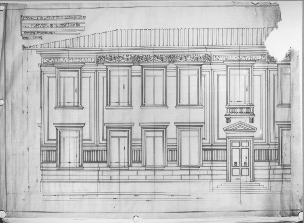 scuole comunali di Altopascio: prospetto parziale in scala 1:20 della facciata posteriore (disegno architettonico) di Brizzi Raffaello (sec. XX)