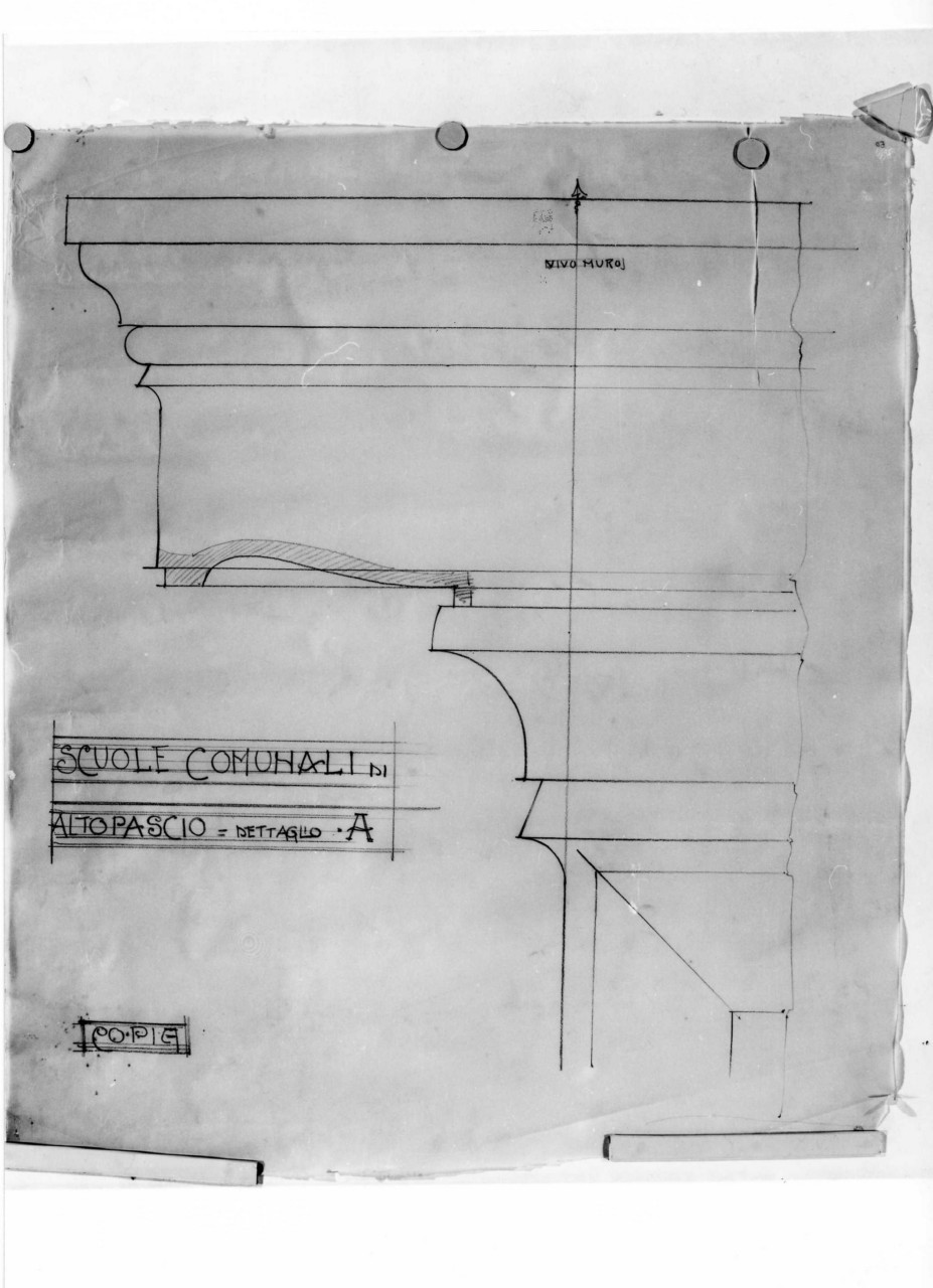 scuole comunali di Altopascio: dettaglio al vero della cornice sottogronda delle facciate (disegno architettonico) di Brizzi Raffaello (sec. XX)