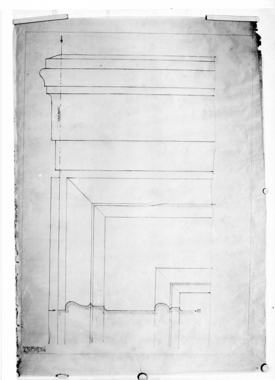scuole comunali di Altopascio: dettaglio al vero della cornice di coronamento delle facciate (disegno architettonico) di Brizzi Raffaello (sec. XX)