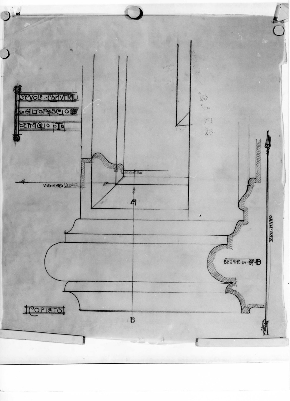 scuole comunali di Altopascio: dettaglio al vero del davanzale di una delle finestre del piano (disegno architettonico) di Brizzi Raffaello (sec. XX)