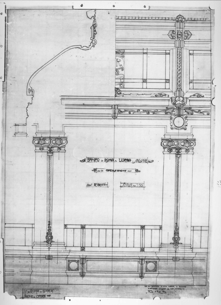 sede del Banco di Roma a Lucca: sezioni parziali in scala 1:10 del salone delle operazioni (disegno architettonico) di Brizzi Raffaello (sec. XX)