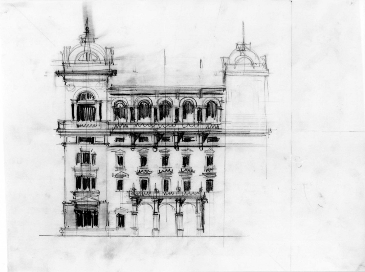 albergo Hotel di Parma: prospetto della facciata d'ingresso (disegno architettonico) di Guerrera Alessandro (primo quarto sec. XX)
