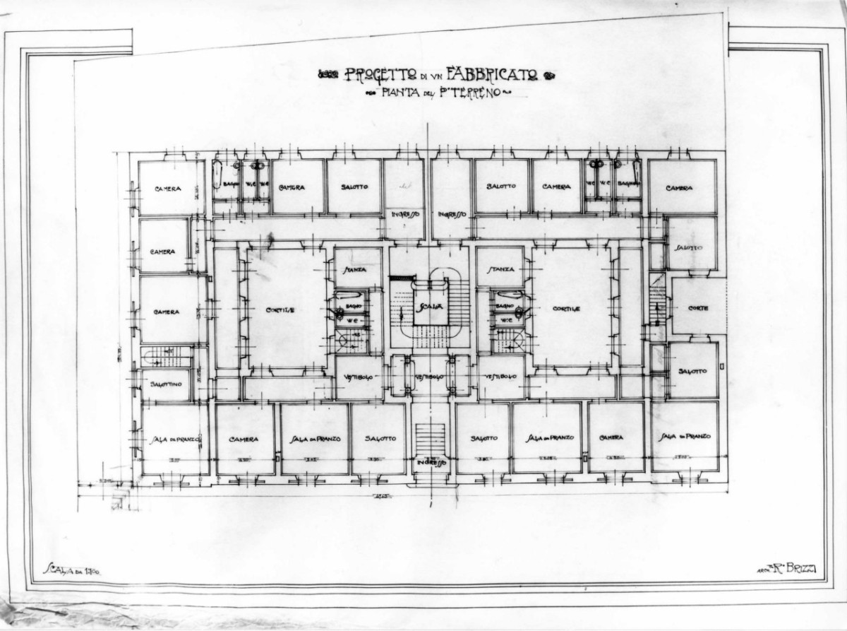 Pianta del piano terreno, casa Bencini a Firenze: pianta quotata in scala 1:100 del piano terreno, con indicazione delle destinazioni d'uso (disegno architettonico) di Brizzi Raffaello (e aiuti) (primo quarto sec. XX)