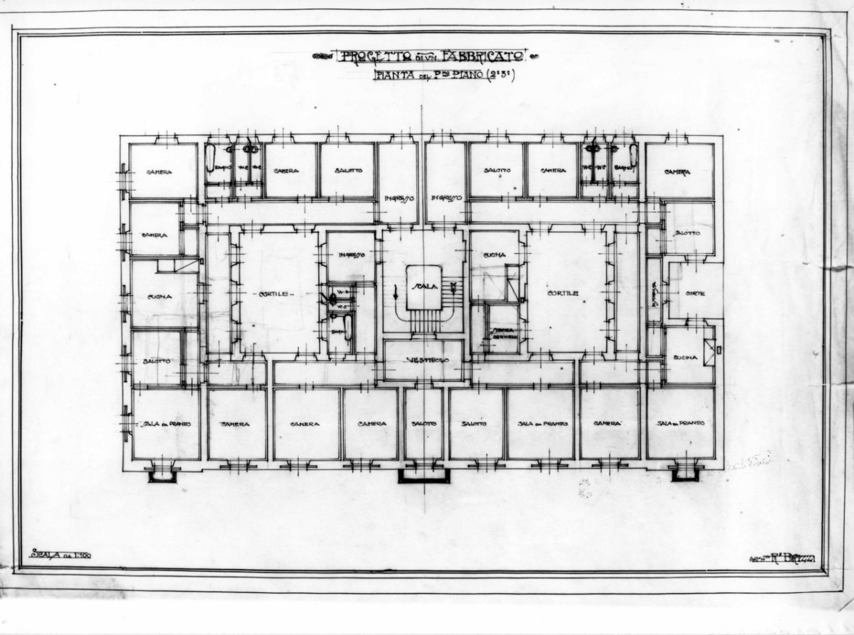 Pianta del primo, secondo e terzo piano, casa Bencini a Firenze: pianta quotata in scala 1:100 dei piani superiori, con indicazione delle destinazioni d'uso (disegno architettonico) di Brizzi Raffaello (e aiuti) (primo quarto sec. XX)