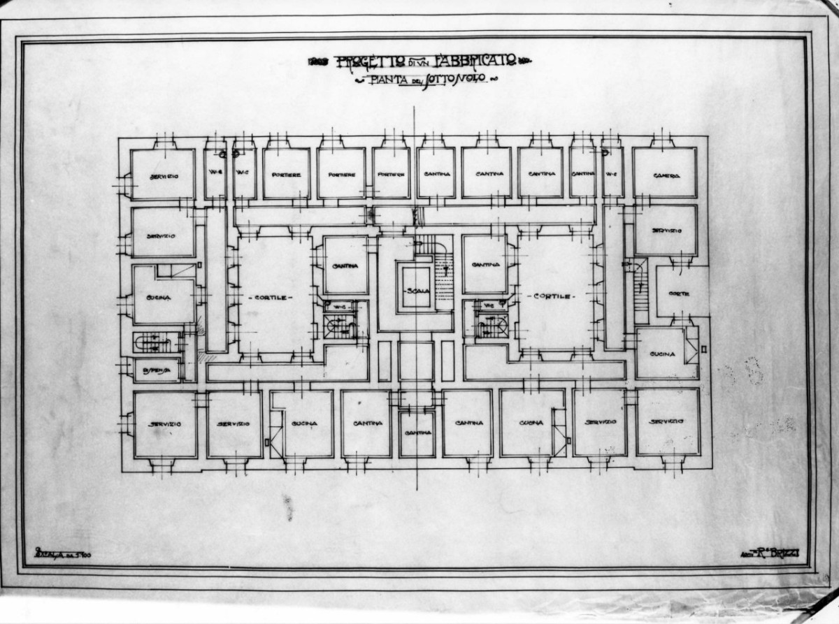 Pianta del sottosuolo, casa Bencini a Firenze: pianta in scala 1:100 del piano interrato con indicazione delle destinazioni d'uso (disegno architettonico) di Brizzi Raffaello (e aiuti) (primo quarto sec. XX)