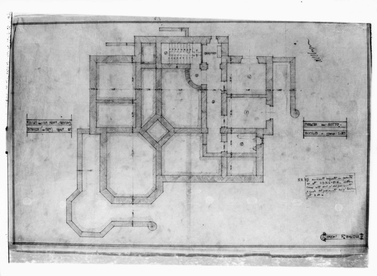 Pianta del sottosuolo, villino Campodonico a Firenze: pianta quotata del piano interrato in scala 1:50 (disegno architettonico) di Brizzi Raffaello (primo quarto sec. XX)