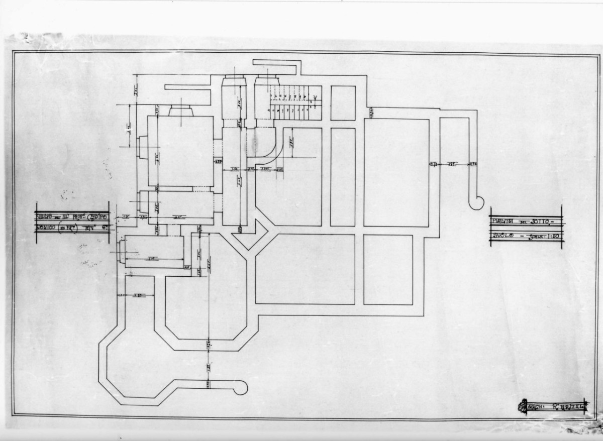 Pianta del sottosuolo, villino Campodonico a Firenze: pianta quotata del piano interrato in scala 1:50 (disegno architettonico) di Brizzi Raffaello (primo quarto sec. XX)