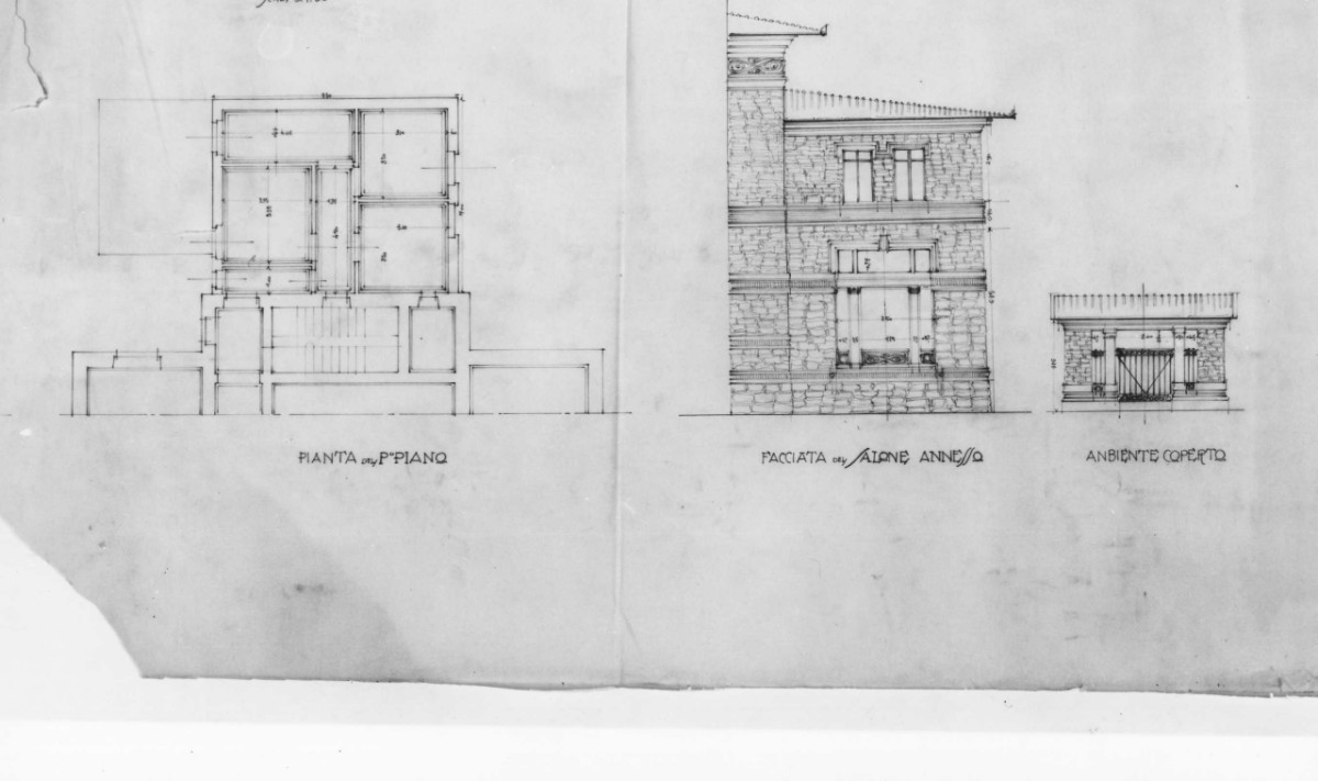 ampliamento del villino Campodonico a Firenze: pianta e prospetti delle facciate in scala 1:50, con quote (disegno architettonico) di Brizzi Raffaello (secondo quarto sec. XX)