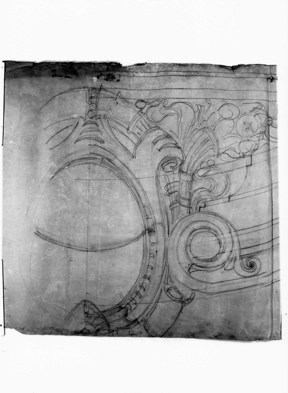 Finestra terrazza, villino Guidi a Monsummano Terme: dettaglio della finestra del balcone in scala 1:1 (disegno architettonico) di Brizzi Raffaello (primo quarto sec. XX)