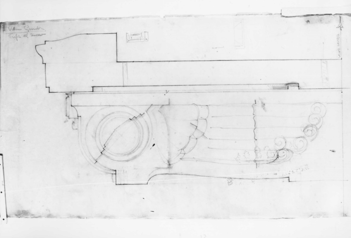 Profili del terrazzo, villino Guidi a Monsummano Terme: sezione trasversale del balcone in scala 1:1 (disegno architettonico) di Brizzi Raffaello (primo quarto sec. XX)
