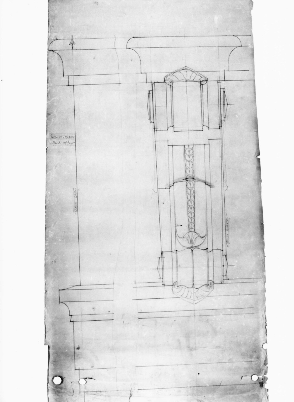 Mensola del fregio, villino Guidi a Monsummano Terme: dettaglio della mensola del fregio in scala 1:1 (disegno architettonico) di Brizzi Raffaello (primo quarto sec. XX)