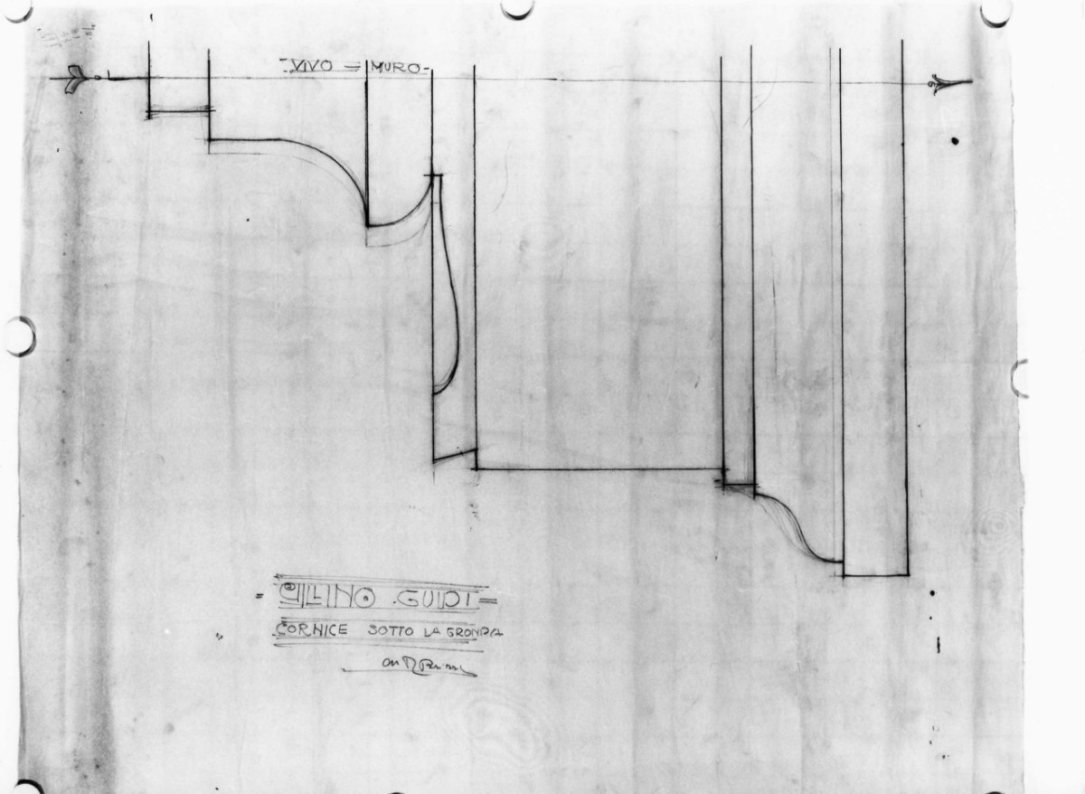 Cornice sotto la gronda, villino Guidi a Monsummano Terme: dettaglio della cornice sottogronda in scala 1:1 (disegno architettonico) di Brizzi Raffaello (primo quarto sec. XX)