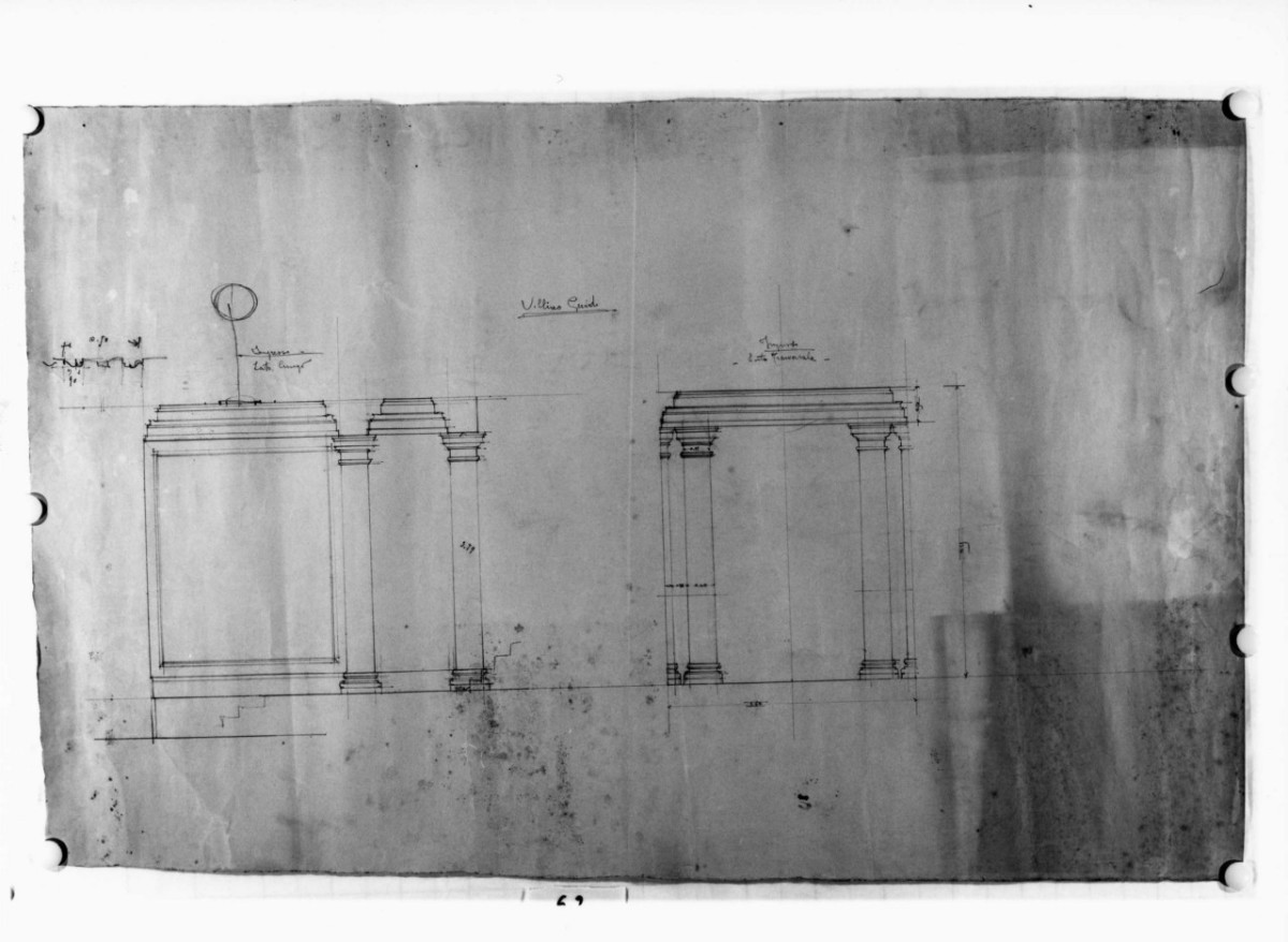 villino Guidi a Monsummano Terme: sezioni longitudinale e trasversale del vestibolo d'ingresso, con quote (disegno architettonico) di Brizzi Raffaello (primo quarto sec. XX)