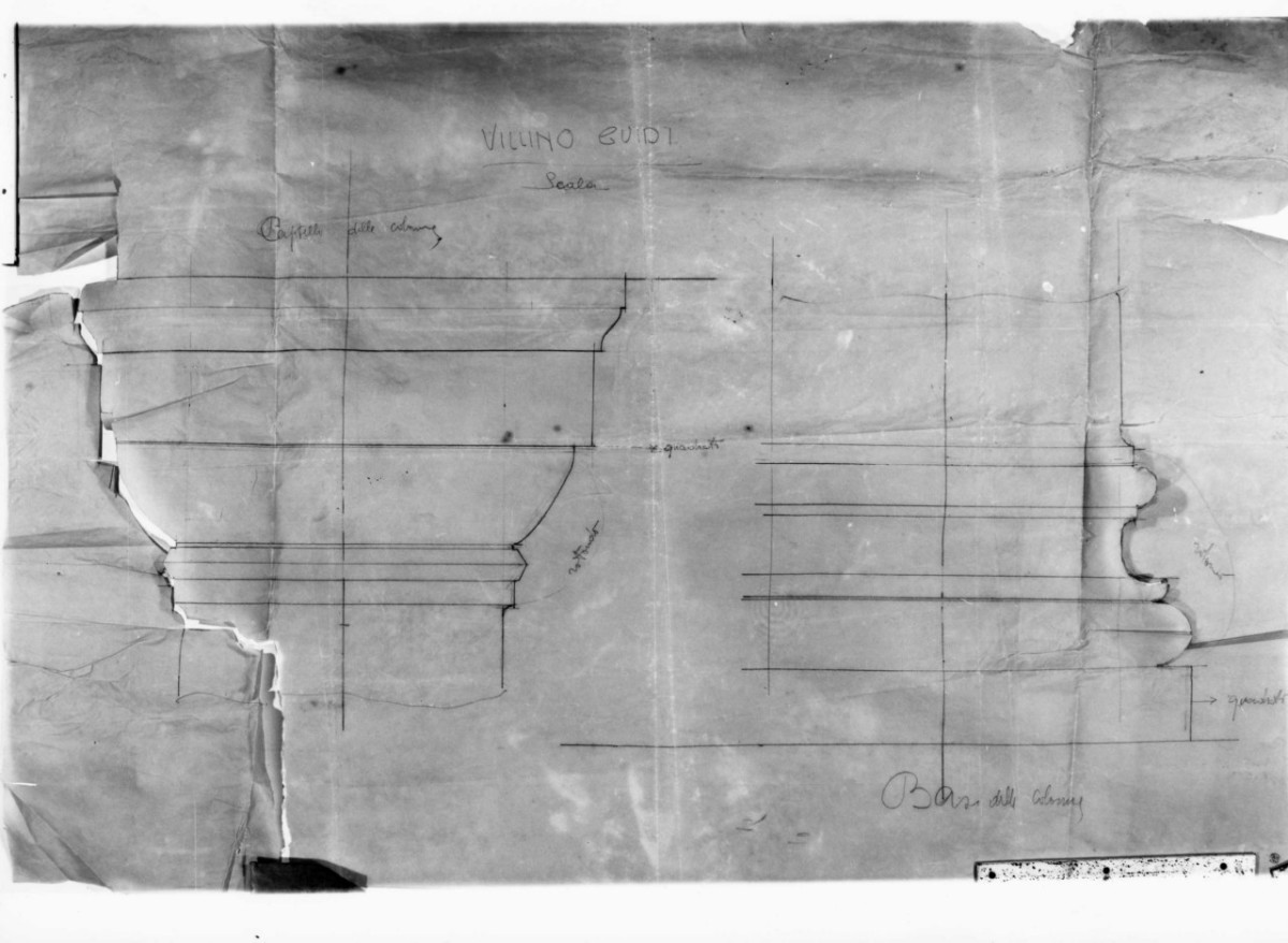 villino Guidi a Monsummano Terme: dettaglio del capitello e della base delle colonne nel vano scale, in scala 1:1 (disegno architettonico) di Brizzi Raffaello (primo quarto sec. XX)