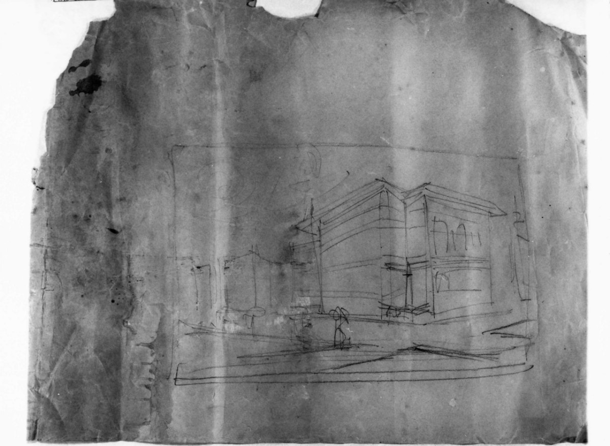 veduta prospettica di un edificio non identificato (disegno architettonico) di Brizzi Raffaello (primo quarto sec. XX)