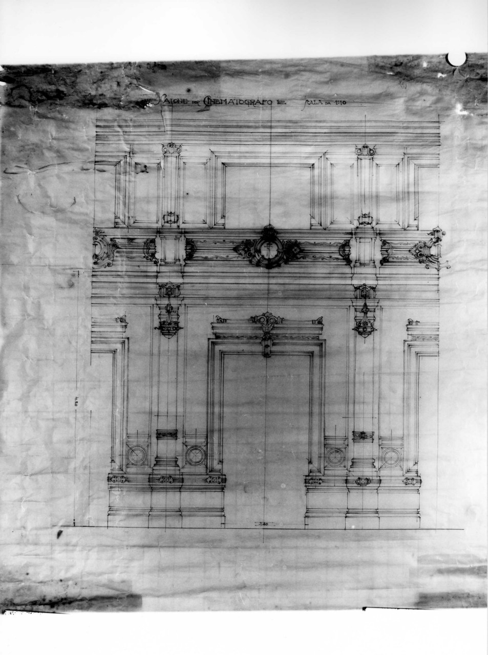 edificio destinato a cinematografo e negozi a Montecatini Terme: sezione longitudinale parziale in scala 1:10 (disegno architettonico) di Brizzi Raffaello (primo quarto sec. XX)