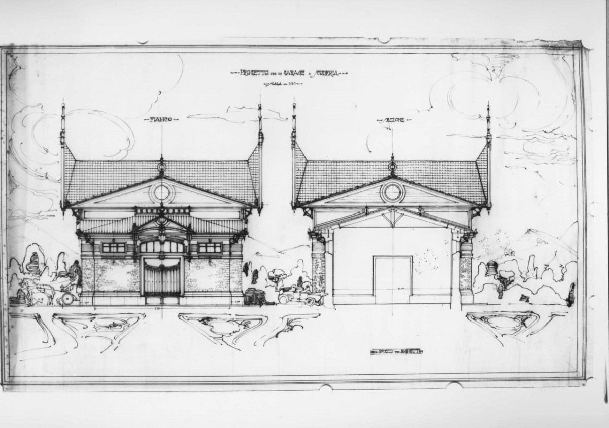 edificio destinato a garage e scuderia: prospetto della facciata laterale e sezione trasversale in scala 1:50, quotati (disegno architettonico) di Brizzi Raffaello (e aiuti) (primo quarto sec. XX)