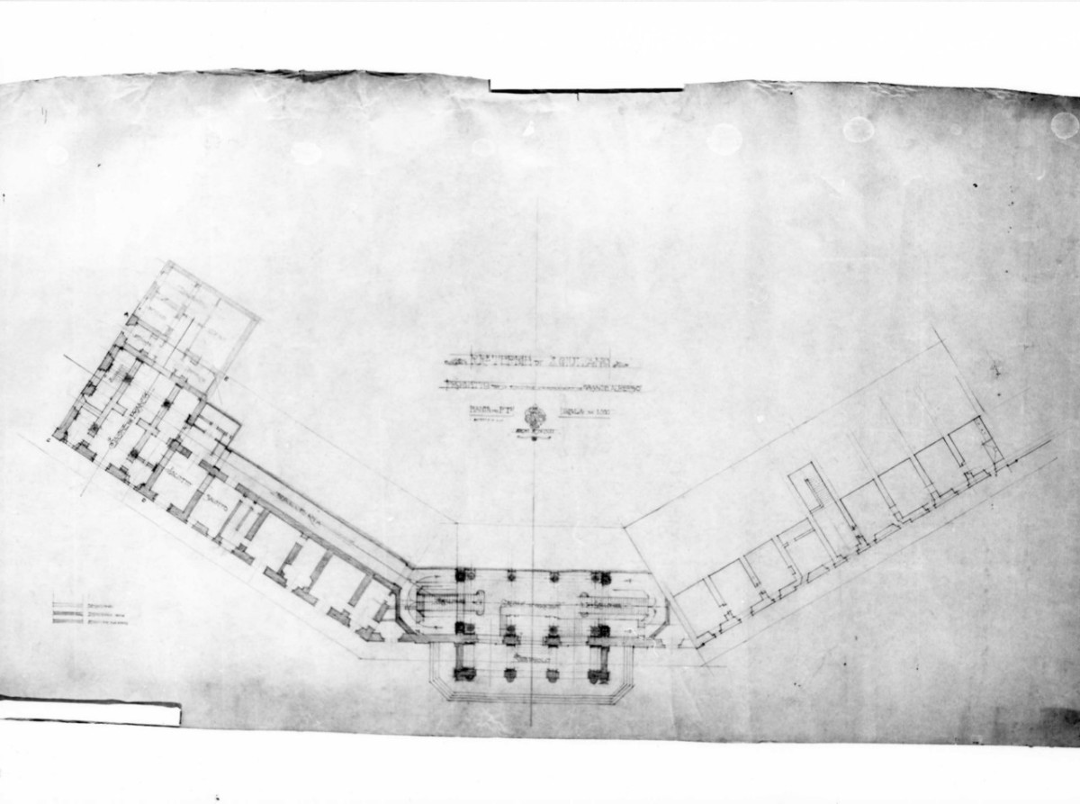 Pianta del piano terreno, Grande Albergo a S. Giuliano Terme:: pianta del piano terreno in scala 1:100, con indicazione delle destinazioni d'uso (disegno architettonico) di Brizzi Raffaello (primo quarto sec. XX)