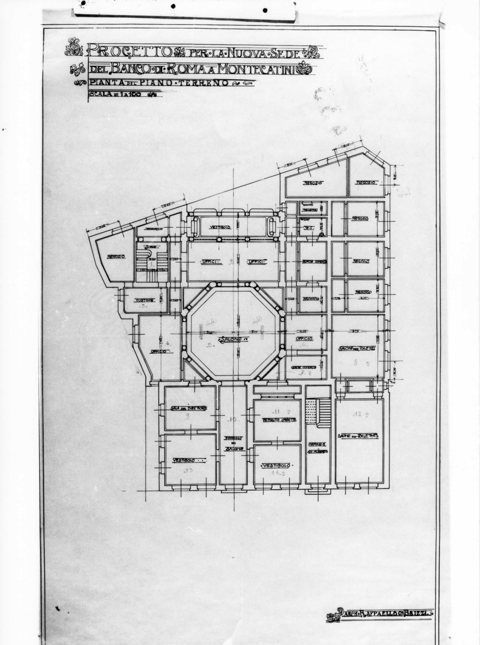 Pianta del piano terreno, filiale del Banco di Roma a Montecatini Terme: pianta quotata in scala 1:100 del piano terreno, con indicazione delle destinazioni d'uso (disegno architettonico) di Brizzi Raffaello (sec. XX)