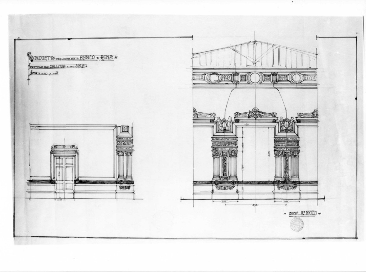 Dettaglio della galleria e della sala, filiale del Banco di Roma a Montecatini Terme: dettagli in quotati in scala 1:20 della sezione trasversale del salone del pubblico e della galleria di accesso (disegno architettonico) di Brizzi Raffaello (sec. XX)