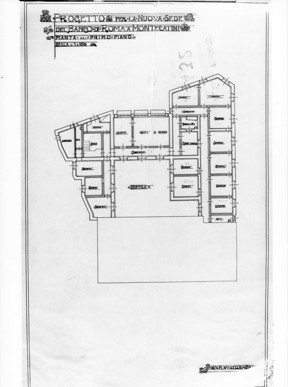 Pianta del primo piano, filiale del Banco di Roma a Montecatini Terme: pianta in scala 1:100 del primopiano, con indicazione delle destinazioni d'uso (disegno architettonico) di Brizzi Raffaello (sec. XX)