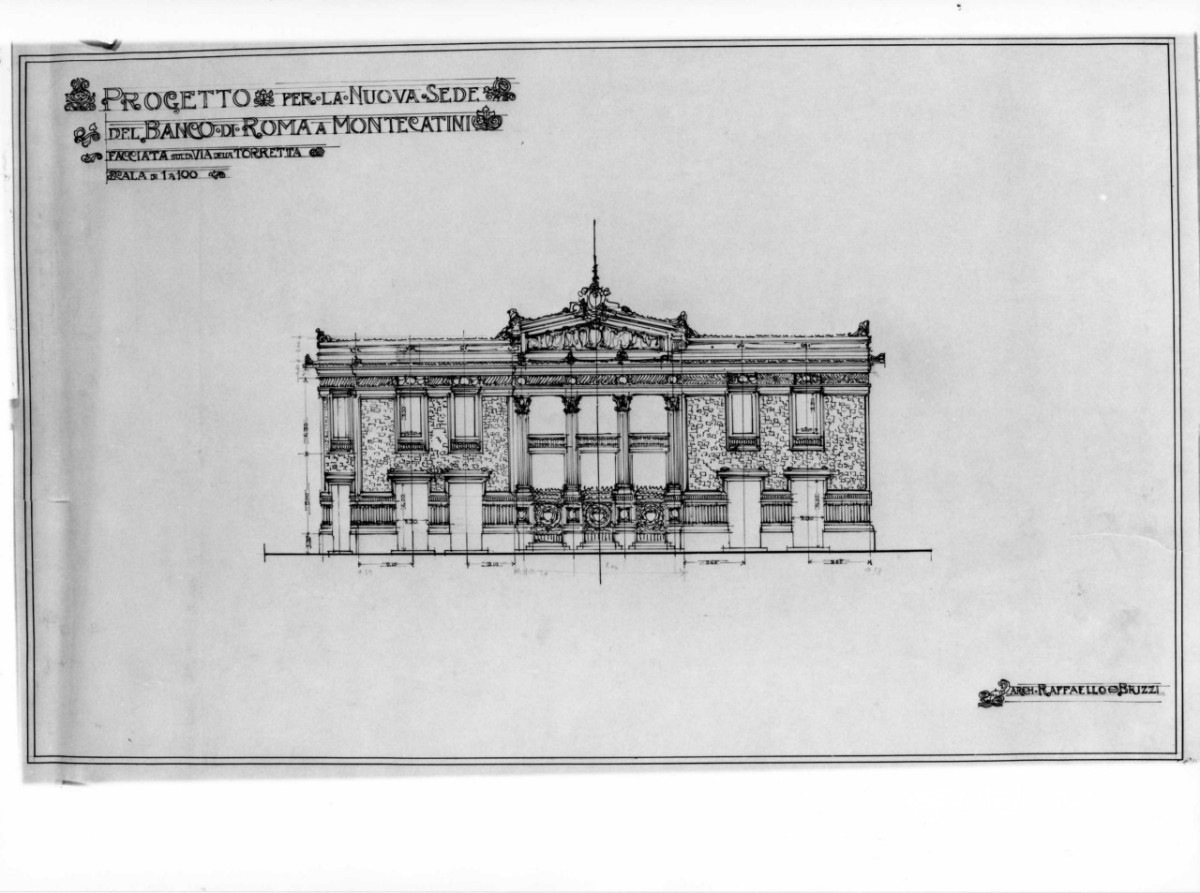 filiale del Banco di Roma a Montecatini Terme: pianta in scala 1:100 del piano terreno (disegno architettonico, serie) di Brizzi Raffaello (e aiuti) (sec. XX)