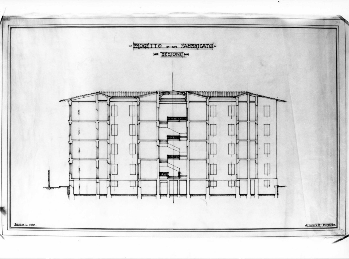 Sezione, casa Bencini a Firenze: sezione longitudinale in scala 1:100 (disegno architettonico) di Brizzi Raffaello (e aiuti) (primo quarto sec. XX)