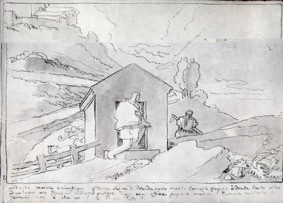 paesaggio con una casa al centro e due figure (disegno) di Duranti Fortunato (prima metà sec. XIX)